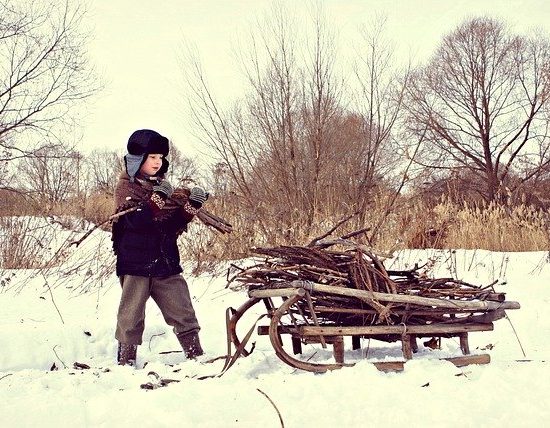 Child gathering sticks / kindling in the winter with a hand pulled sleigh